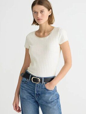 J. Crew Pointelle Short-Sleeve T-Shirt; Cream Ribbed Short Sleeve Tee